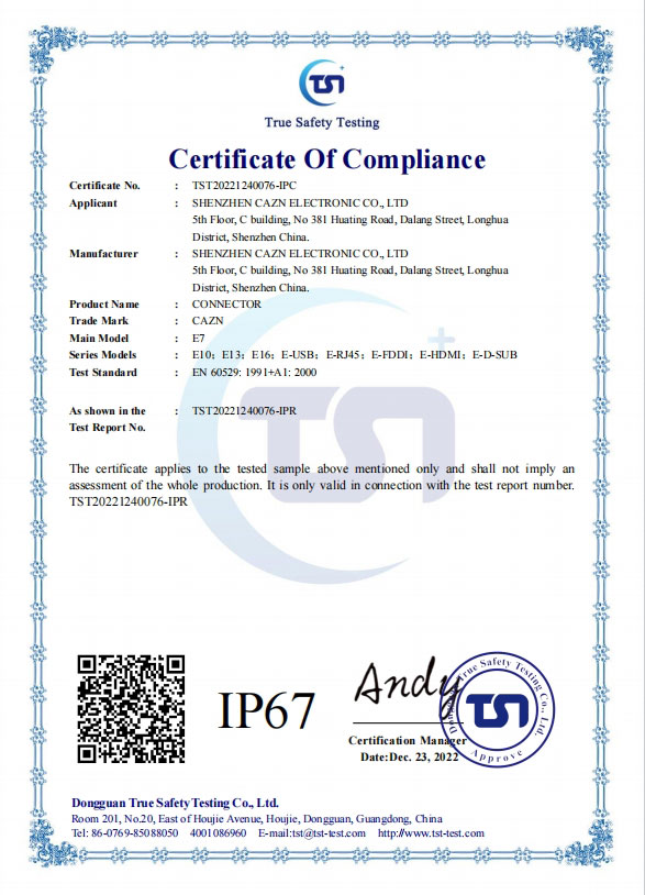 CAZN E-connector-IP67-certificaat